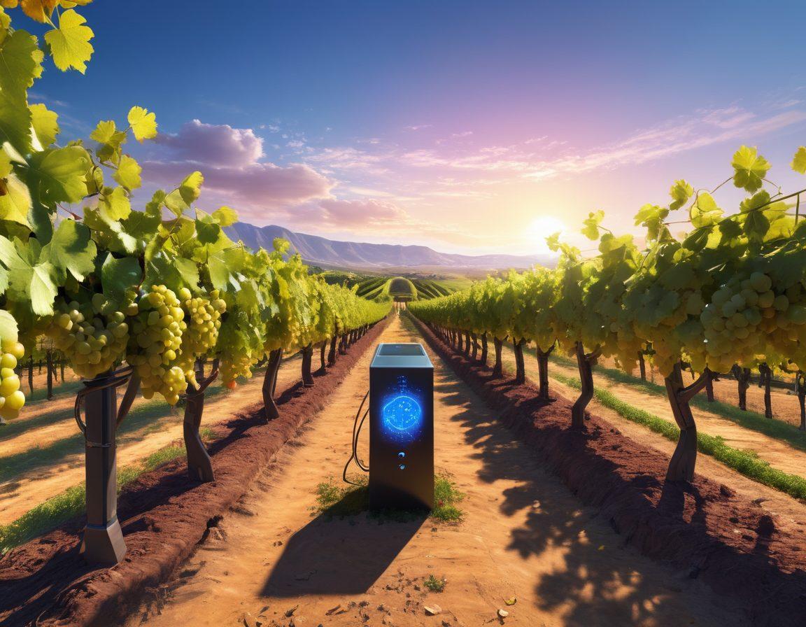 A futuristic vineyard with digital elements like glowing vines and high-tech application firewalls guarding the area. Include a lush landscape with grapes under a bright sky, and holographic security symbols floating above. Emphasize a blend of nature and technology, showcasing the harmony of traditional winemaking and modern cybersecurity. super-realistic. vibrant colors. 3D.