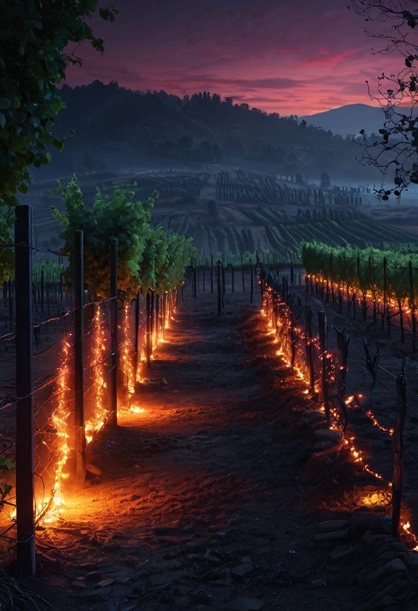 A digital landscape showcasing a vineyard protected by a glowing firewall barrier, with cyber threats represented as shadowy figures attempting to breach the perimeter. Elements of wine production are integrated, such as grapevines and barrels, alongside digital elements like binary code and network connections. An ethereal glow emanates from the firewall, creating a strong contrast with the dark figures. The scene is set at twilight to enhance the cybernetic ambiance. super-realistic. vibrant colors. 3D.