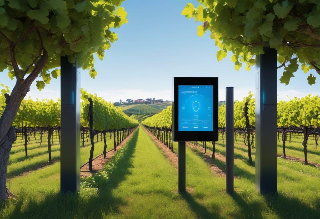 A modern vineyard landscape with lush grapevines under a bright blue sky, seamlessly blending into a futuristic digital interface displaying wine security applications. Include elements like lock symbols and data analytics graphs floating over the vineyard, symbolizing the integration of technology and tradition. The overall color scheme should be vibrant, showcasing deep greens and rich purples. 3D style with a touch of cyberpunk aesthetics.